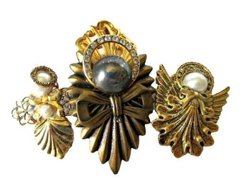 3 Angel Brooch Pin Vintage Costume Handmade Mixed Media Jewelry