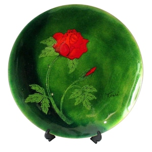Vintage Bovano Red Rose Enamel Plate – Signed Terri, 1960s Mid-Century Decor