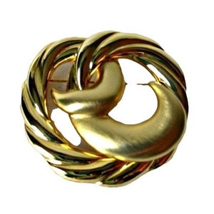 Vintage Swirly Goldtone Statement Brooch Pin Signed Costume Jewelry Unreadable image 1