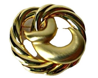 Vintage Swirly Goldtone Statement Brooch Pin Signed Costume Jewelry Unreadable