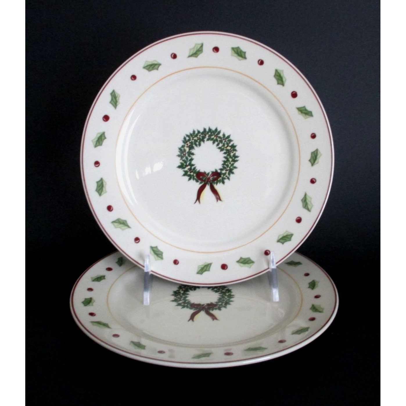 Set of 4 Merry Brite Christmas 8” Salad Dessert Plates Tree Santa Reindeer  Gift