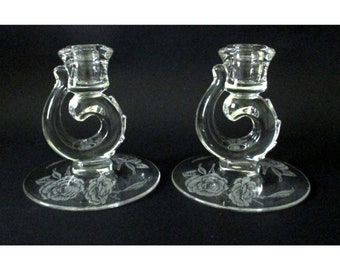 Vintage Fostoria Glass Century Camellia Candleholders Candlesticks Elegant Glassware