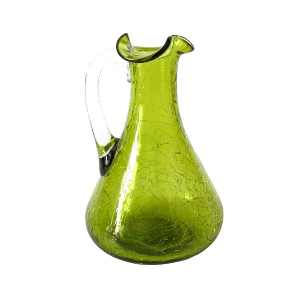 Vintage Avacado Green Blown Crackle Art Glass Pitcher 1970s Granny Cottage Core Decor