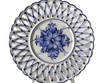 Vintage Blue White Flower Reticulated Plate Handpainted Poland Wall Home Decor