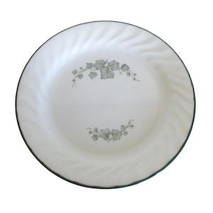 May include: White ceramic plate with a green rim and a floral design. The plate features a spiral pattern around the edge and a delicate arrangement of gray-green flowers in the center. A classic piece for serving meals.