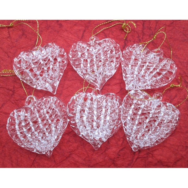 6 Vintage Heart Spun Glass Ornaments Christmas Holiday Decor