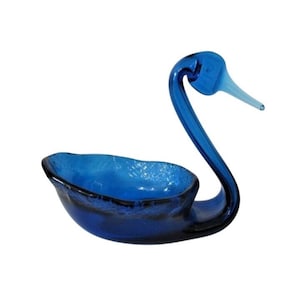 Swan Blue Glass Centerpiece Bowl - Vintage Scandinavian Style - Modern Art Glass - MCM Home Accent Decor