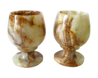 2 Vintage Marbled Onyx Footed Goblets Sherry Shot Liqueur Cordial Glasses Drinkware Barware Hollywood Regency Collectible