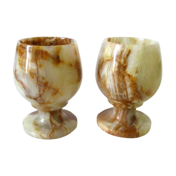 2 Vintage Marbled Onyx Footed Goblets Sherry Shot Liqueur Cordial Glasses Drinkware Barware Hollywood Regency Collectible