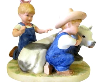 AS IS Vintage Denim Days "New Calf" Figurine Debbie 1985 Homco Home Interiors 8878 Figure Knick Knack Farm Farmhouse Cow Home Decor Gift