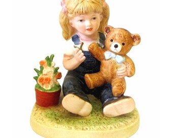 Denim Days After Chores Figurine #1504 Vintage 1985 Homco Debbie with Teddy Bear Rustic Farm Farmhouse Home Decor Collectible Mom Gift