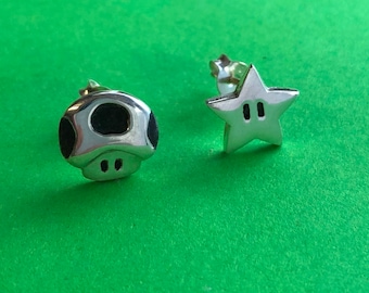 Super Mario star and mushroom (toad) earrings - handmade Sterling silver (small size) stud earrings