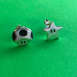 Super Mario star and mushroom (toad) earrings - handmade Sterling silver (small size) stud earrings