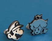 Cufflinks - Sterling silver Mario and princess peach - for grooms, groomsmen, wedding, birthday, fathers day