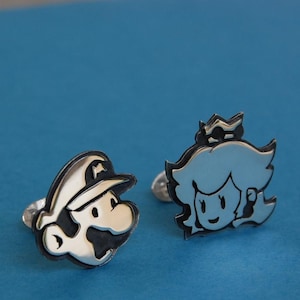 Boutons de manchette mario et princesse pêche faits main argent sterling pour les mariés, garçons d'honneur, mariage, anniversaire, fête des pères image 1