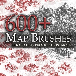 Pincéis para confecção de mapas de fantasia - 600 unid. Estilo de cartografia medieval. Perfeito para criar mapas mundiais TTRPG. Compatível com Photoshop e procriar.