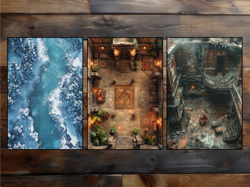 May include: Three different tabletop game maps, each with a different theme. The first map is a snowy forest with a river running through it. The second map is a stone room with a large rug in the center. The third map is a ruined building with a fireplace and a staircase.