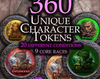 360 Condition Tokens – Core Set (DnD Compatible) Printable/VTT Status Markers