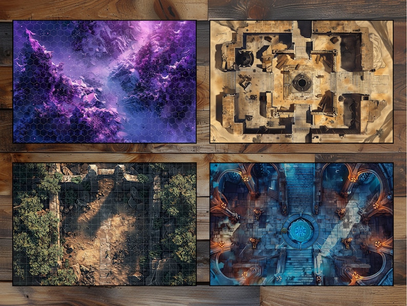 May include: Four different fantasy map designs for tabletop role-playing games. The maps feature a variety of environments, including a purple and blue nebula, a ruined temple, a forest clearing, and a dungeon.