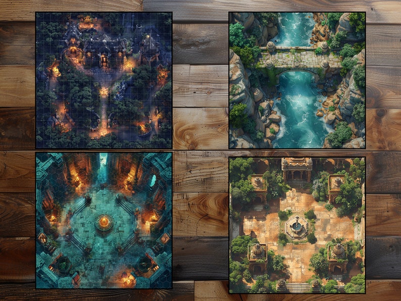 May include: Four different fantasy map tiles for tabletop role-playing games. The tiles feature a forest clearing with a stone building, a river crossing with a stone bridge, a stone temple courtyard, and a dungeon room with a central altar.
