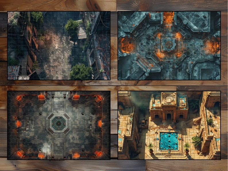 May include: Four different overhead views of fantasy-themed game maps. The first map shows a ruined city street with overgrown vegetation. The second map shows a stone courtyard with a central fountain and torches. The third map shows a stone courtyard with a central fountain and torches. The fourth map shows a stone courtyard with a central pool and palm trees.