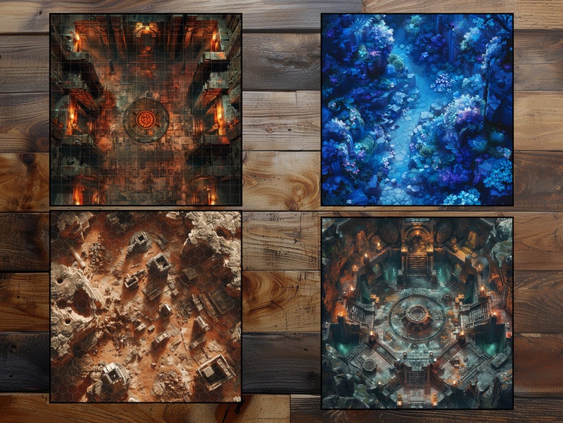 May include: Four different fantasy role-playing game maps, each with a unique style and theme. The maps are printed on a wooden surface.