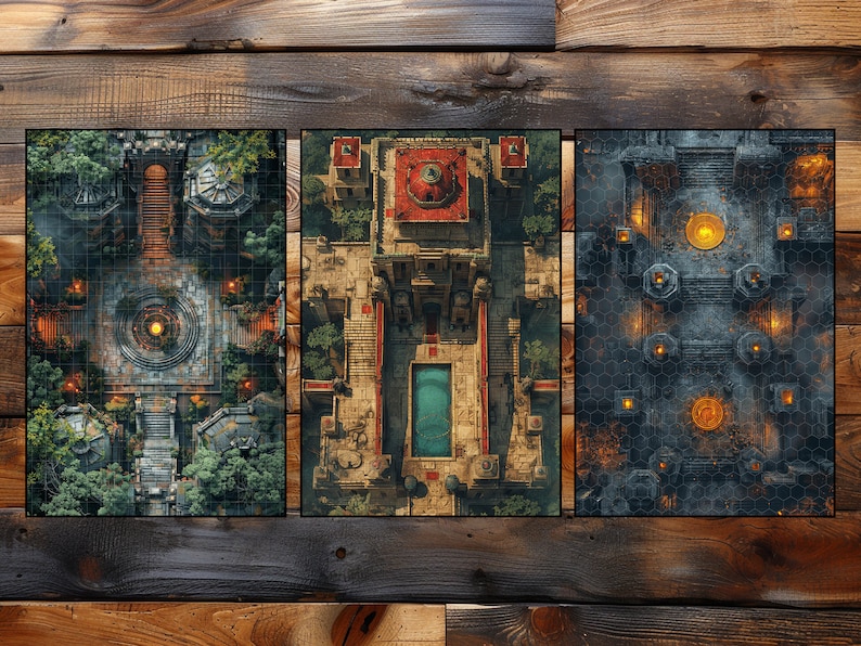 May include: Three different overhead views of a stone temple complex. The first image shows a temple with a central courtyard surrounded by trees and stone walls. The second image shows a temple with a central pool of water and a red roof. The third image shows a temple with a dark stone exterior and a central courtyard with a circular pattern.