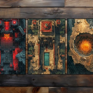 May include: Three different game maps, each with a unique style. The first map is a futuristic, industrial design with red and gray colors. The second map is a more traditional, fantasy design with a large building in the center and a pool of water. The third map is a more abstract design with a large, glowing hole in the center.