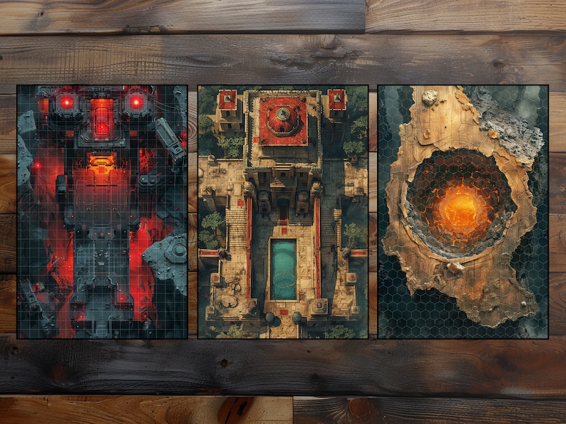 May include: Three different game maps, each with a unique style. The first map is a futuristic, industrial design with red and gray colors. The second map is a more traditional, fantasy design with a large building in the center and a pool of water. The third map is a more abstract design with a large, glowing hole in the center.