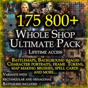 Whole shop bundle: DND Maps, Portraits, Tokens, Border frames, Brushes for Photoshop and Procreate, Dungeon generator, Complete TTRPG set