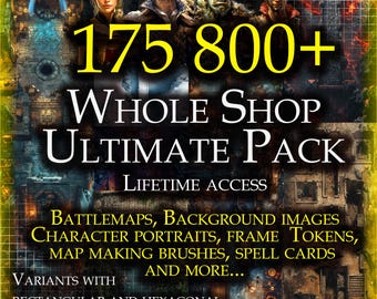 Whole shop bundle: DND Maps, Portraits, Tokens, Border frames, Brushes for Photoshop and Procreate, Dungeon generator, Complete TTRPG set