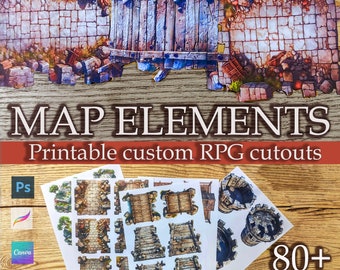 Fantasy RPG maps cutout element puzzle, printable PDF, transparent background PNG, DnD, Cthulhu, unique assets for map generator, diy kit