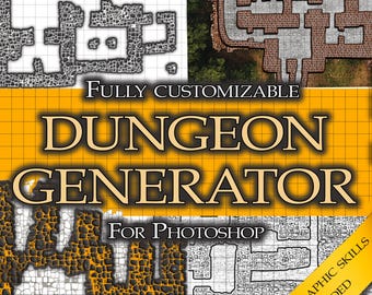 May include: A yellow and black graphic with the text "FULLY CUSTOMIZABLE DUNGEON GENERATOR FOR PHOTOSHOP" and the text "NO GRAPHIC SKILLS NEEDED". The graphic features four different dungeon maps.