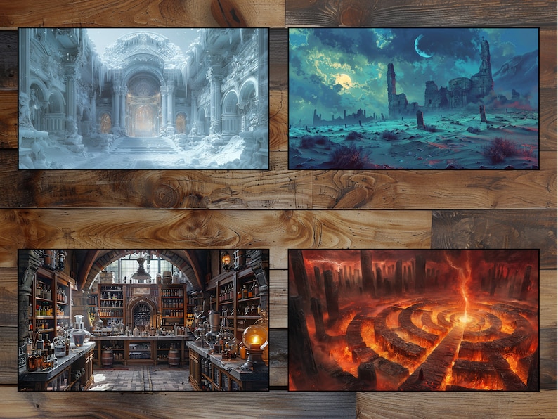 May include: Four fantasy-themed images. The first image shows a frozen, icy palace with a large doorway. The second image shows a ruined city in a desolate, snowy landscape. The third image shows a dimly lit apothecary shop with shelves full of bottles and jars. The fourth image shows a fiery, circular maze with pillars and a glowing center.
