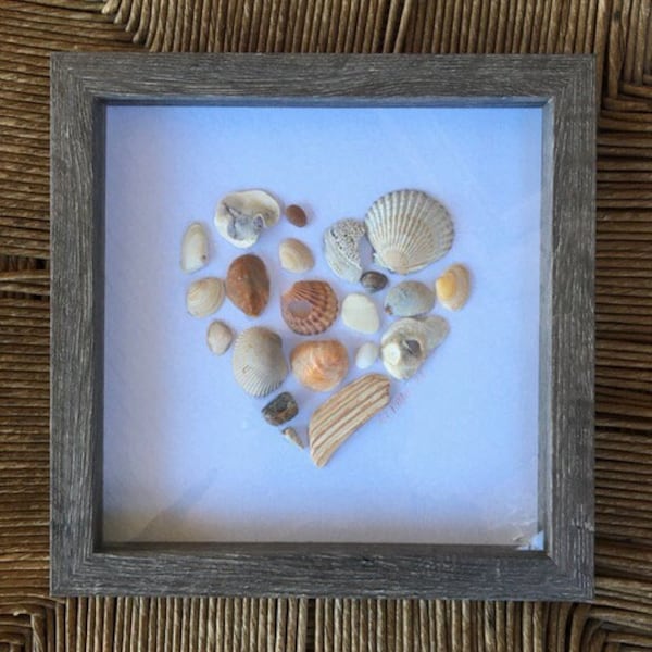 Coastal Seashell Shadowbox Wall Decor, Heart Shaped Seashell Framed Art