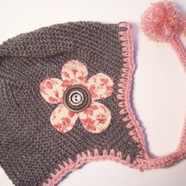 Handknit Aviatrix Earflap Cap, Gray with Pink Flower Fabric Embellishment