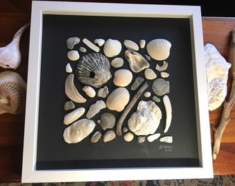 Coastal Seashell Shadowbox Art, Framed Seashell Beach Art