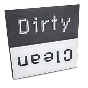 May include: A black and white dishwasher magnet with the words "Dirty" and "Clean" in a pixelated font. The top half is black, and the bottom half is white. A simple and functional kitchen accessory.