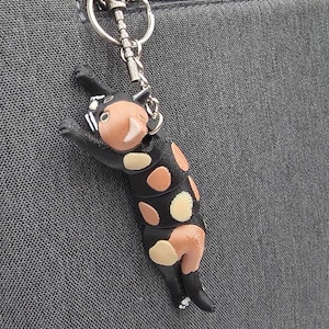 May include: A black and tan spotted cat keychain with a silver keyring. The cat has tan and cream-colored spots and is wearing headphones. The keychain is attached to a gray fabric surface.