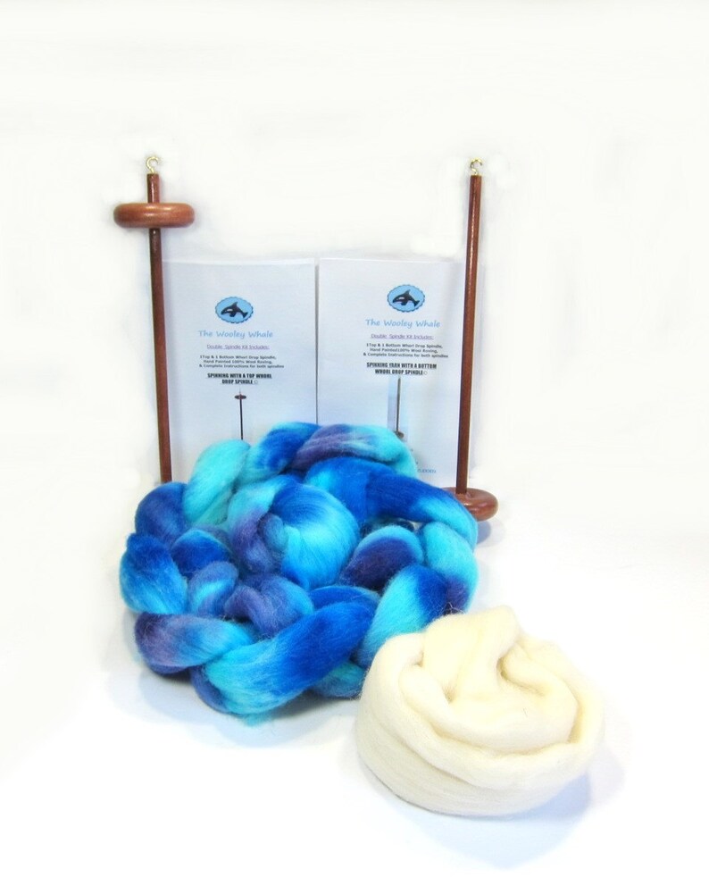 Double Drop Spindle Yarn Spinning Kit, Biloxi Blues, With Both Top and Bottom Whorl Spindle image 1