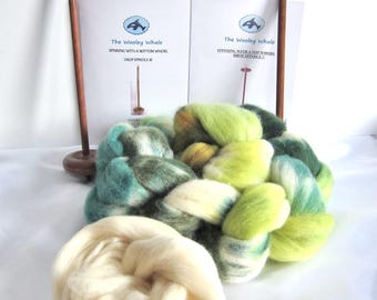 Double Drop Spindle Yarn Spinning Kit, Colorway, The Good Green Earth!