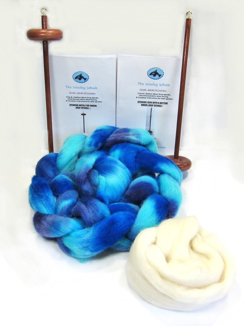 Double Drop Spindle Yarn Spinning Kit, Biloxi Blues, With Both Top and Bottom Whorl Spindle image 3