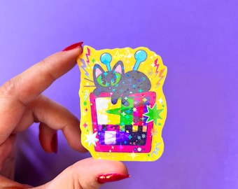 Cat TV Sticker | Holographic Hand-Drawn Waterproof Vinyl (2.5 x 2")