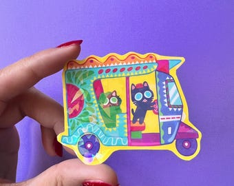 Rickshaw Cats| Holographic Hand-Drawn Waterproof Vinyl (2.5 x 2")