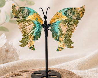 Ocean Jasper Butterfly Carving on Stand | Large Crystal Butterfly Sculpture | Healing Stone Decor | Transformation Symbol | Unique Gift