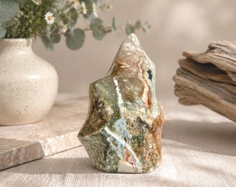 Ocean Jasper Flame Sculpture | Polished Healing Stone Decor I Earthy Green Patterns