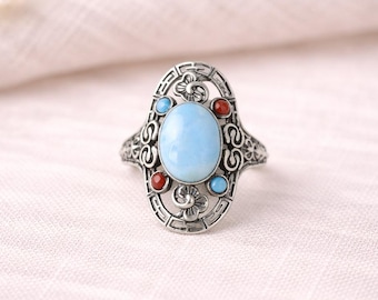 Larimar Statement Ring in 925 Sterling Silver | Turquoise & Red Jasper Accents | Adjustable Boho Ring