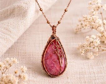 Rhodonite Copper Wire Wrapped Pendant Necklace I Pink Stone Jewelry I Heart Healing Crystal I Handmade Statement Necklace I Unique Gift