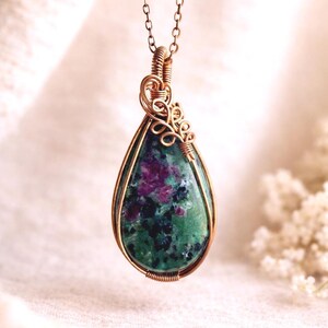 Ruby Zoisite Copper Wire Wrapped Pendant I Anyolite Necklace I Crystal Jewelry I Green Pink Stone Pendant I Boho Gemstone Necklace Gift