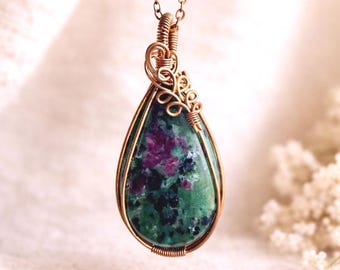 Ruby Zoisite Copper Wire Wrapped Pendant I Anyolite Necklace I Crystal Jewelry I Green Pink Stone Pendant I Boho Gemstone Necklace Gift